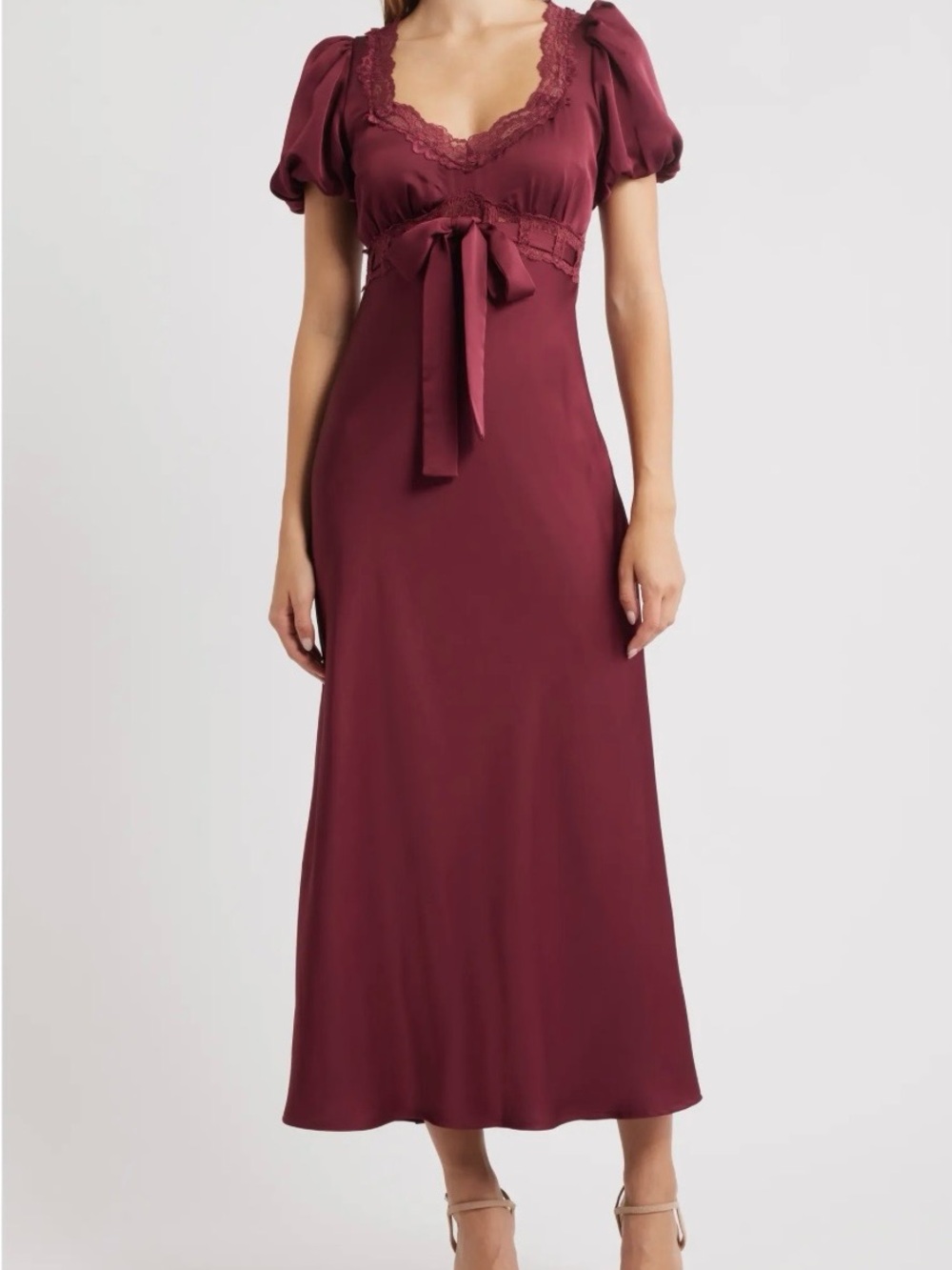 Moon River Puff Sleeve Lace Trim Maxi Dress, NWT